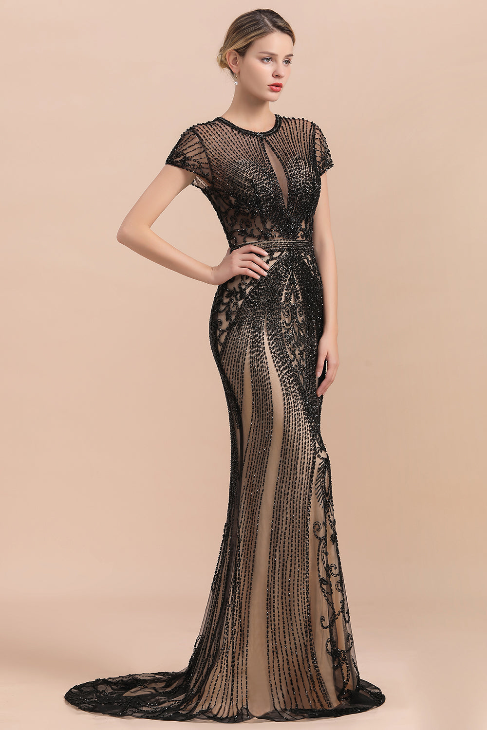 Luxury Black Long Mermaid Tulle Beaded Formal Evening Dresses