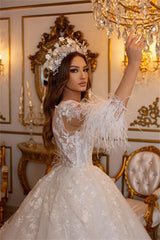 Charming Long A-line Sweetheart Tulle Appliques Lace Wedding Dress with Sleeves