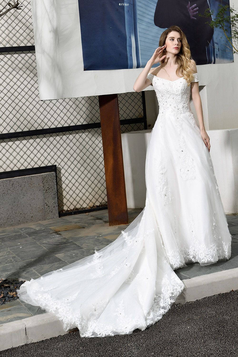 Elegant Long A-line Off the Shoulder Tulle Lace White Wedding Dresses