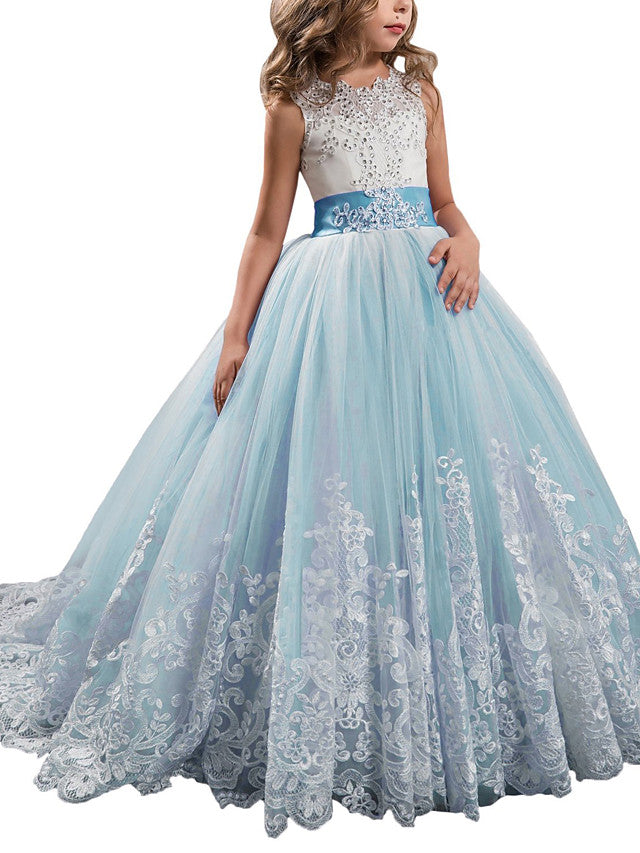 Long Ball Gown Tulle Lace Jewel Neck Pageant Flower Girl Dresses With Bow(S)