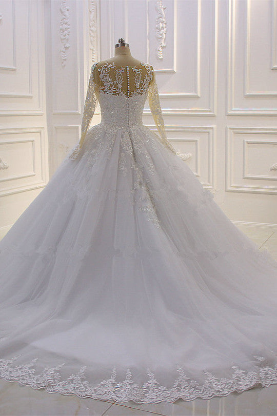 Gorgeous Bateau Long Sleeve Tulle Appliques Lace Ball Gown Wedding Dress