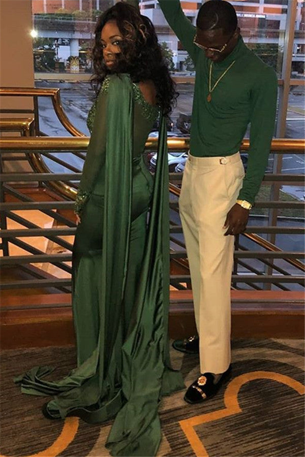 Elegant Long Jewel Satin Mermaid Prom Dress with Sleeves