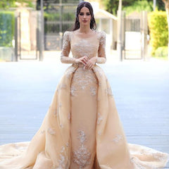 Gorgeous Long Sleeve Tulle Bateau Mermaid Wedding Dress with Detachable Train
