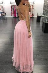 Long V-neck Spaghetti Straps Appliques Tulle A-line Prom Dress with Slit