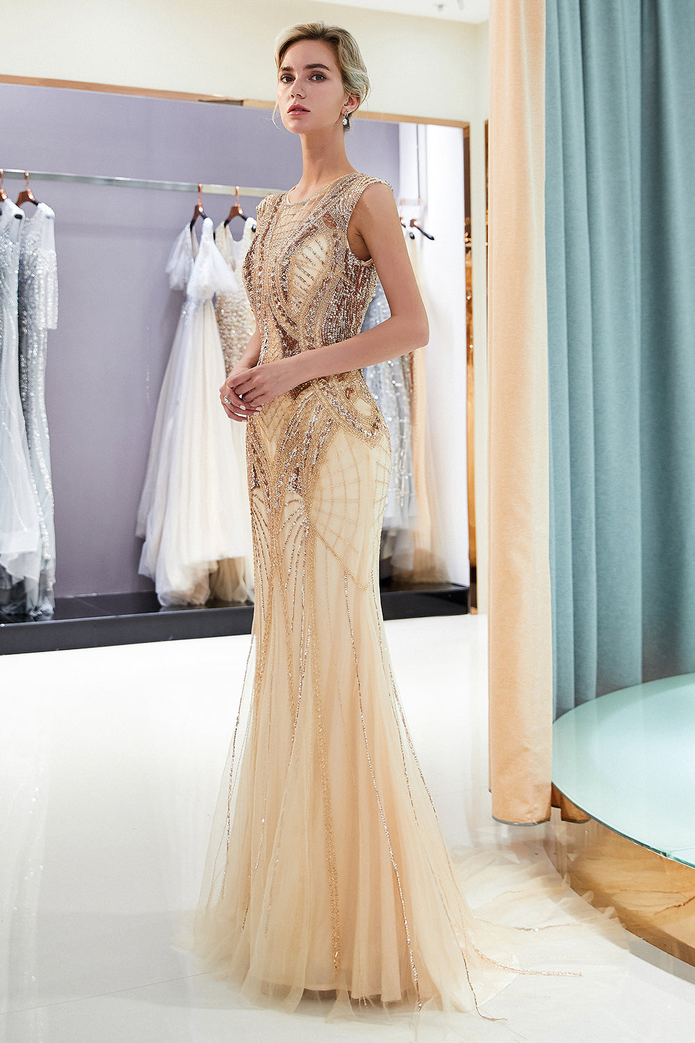 Long Mermaid Golden Sequins Beading Sleeveless Formal Evening Dress