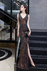 Mermaid V-Neck Sequins Long Evening Dress With Split