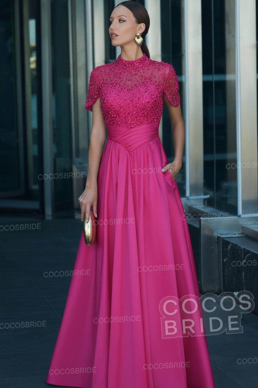 Elegant Illusion Neck Long A-line Formal Evening Dress with Pockets