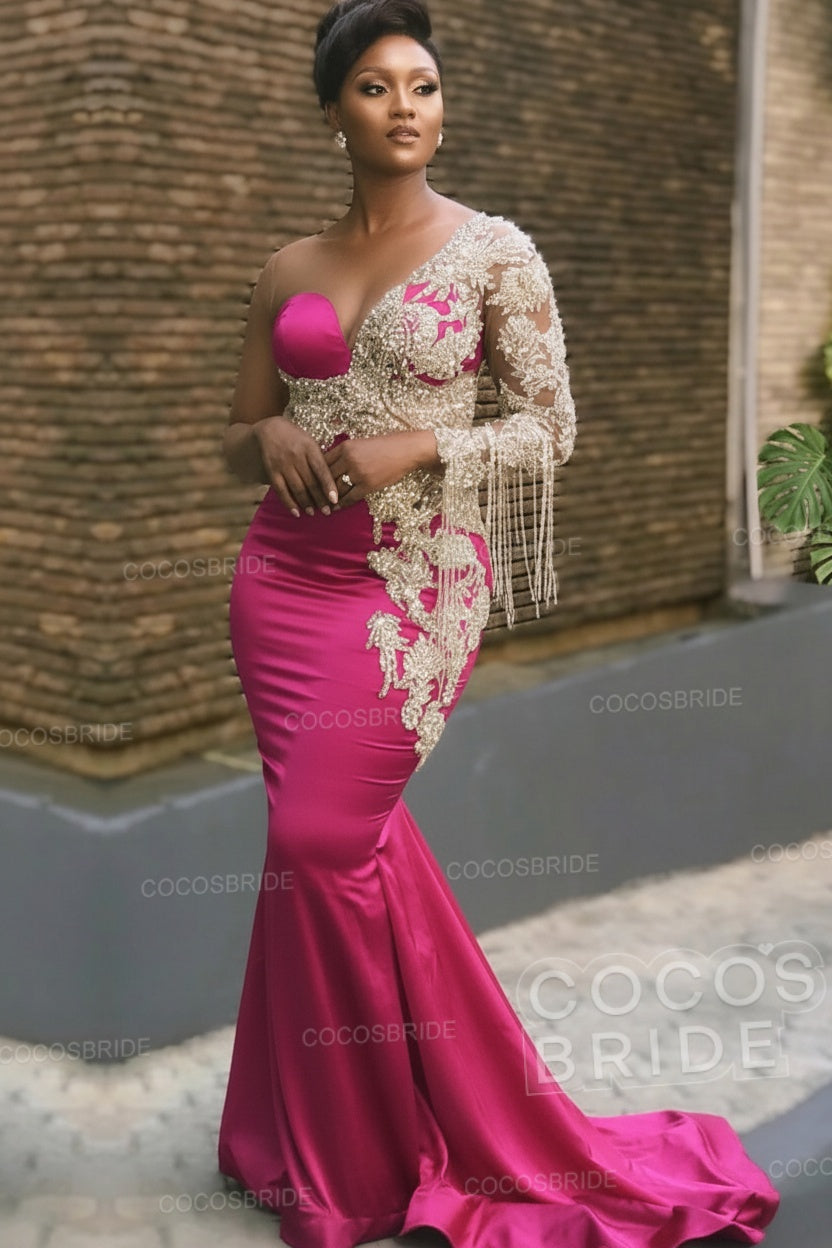 Long Mermaid Appliques One Shoulder Floor Length Formal Evening Dress