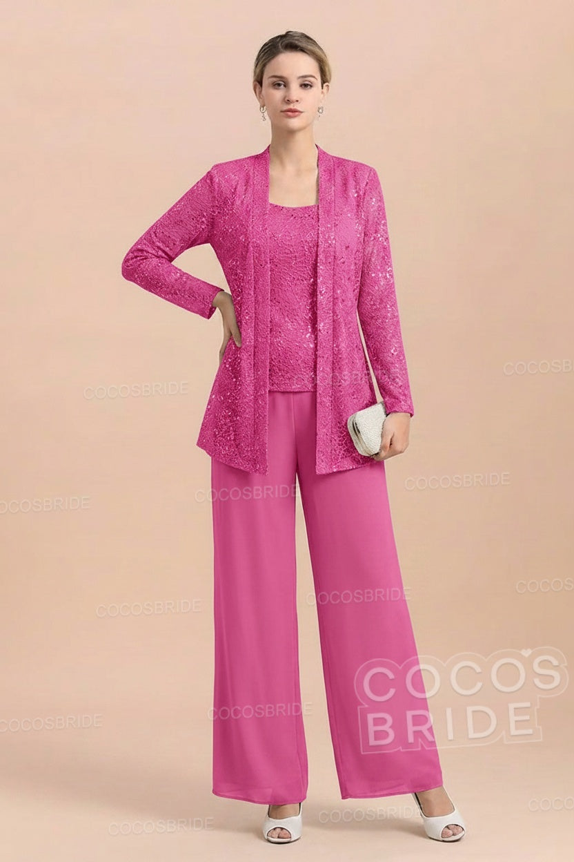 Long Sequined Chiffon Pantsuits for the Mother of the Bride with Jacket