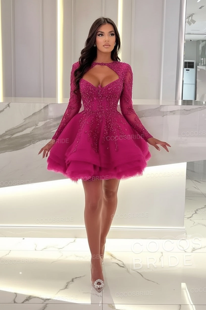 Sexy A-line Sweetheart Tulle Short Beading Party Dress with Long Sleeves