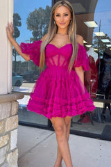 Pink A-Line Off The Shoulder Short Homecoming Dress with Sleeves