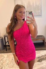 Fuchsia Glitter One Shoulder Beaded Mermaid Homecoming Dress