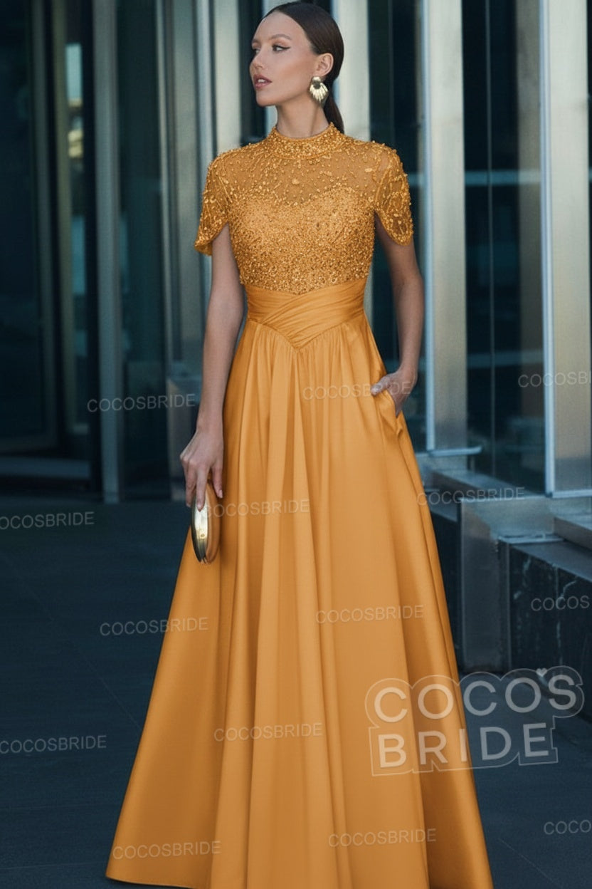 Elegant Illusion Neck Long A-line Formal Evening Dress with Pockets