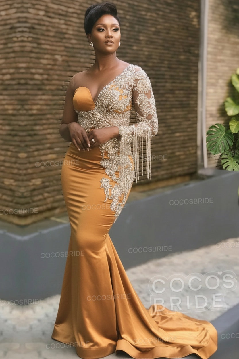Long Mermaid Appliques One Shoulder Floor Length Formal Evening Dress