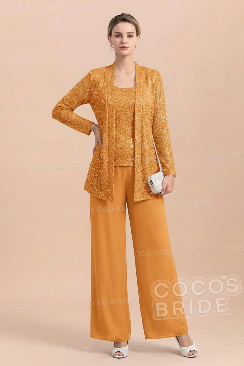Long Sequined Chiffon Pantsuits for the Mother of the Bride with Jacket