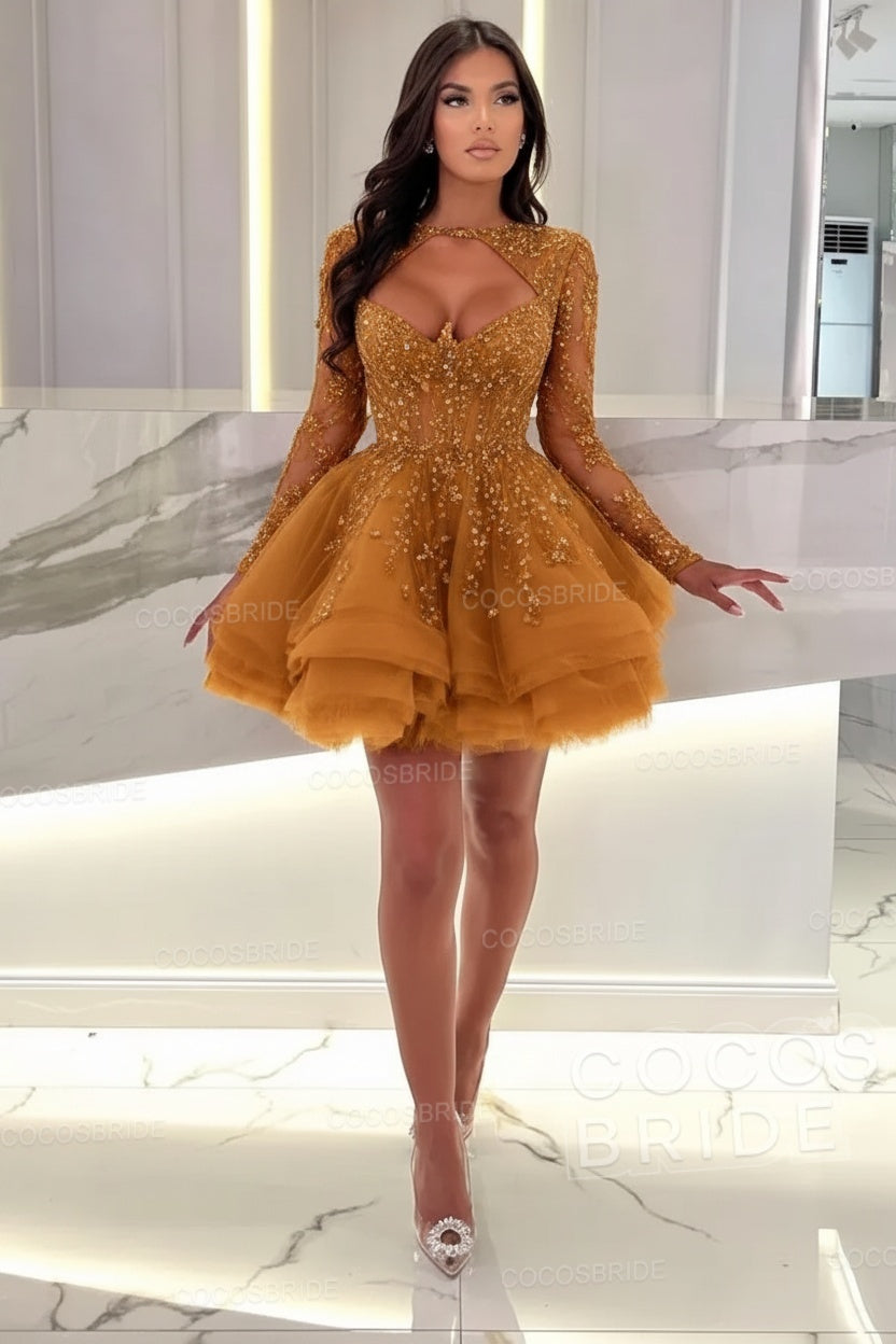 Sexy A-line Sweetheart Tulle Short Beading Party Dress with Long Sleeves
