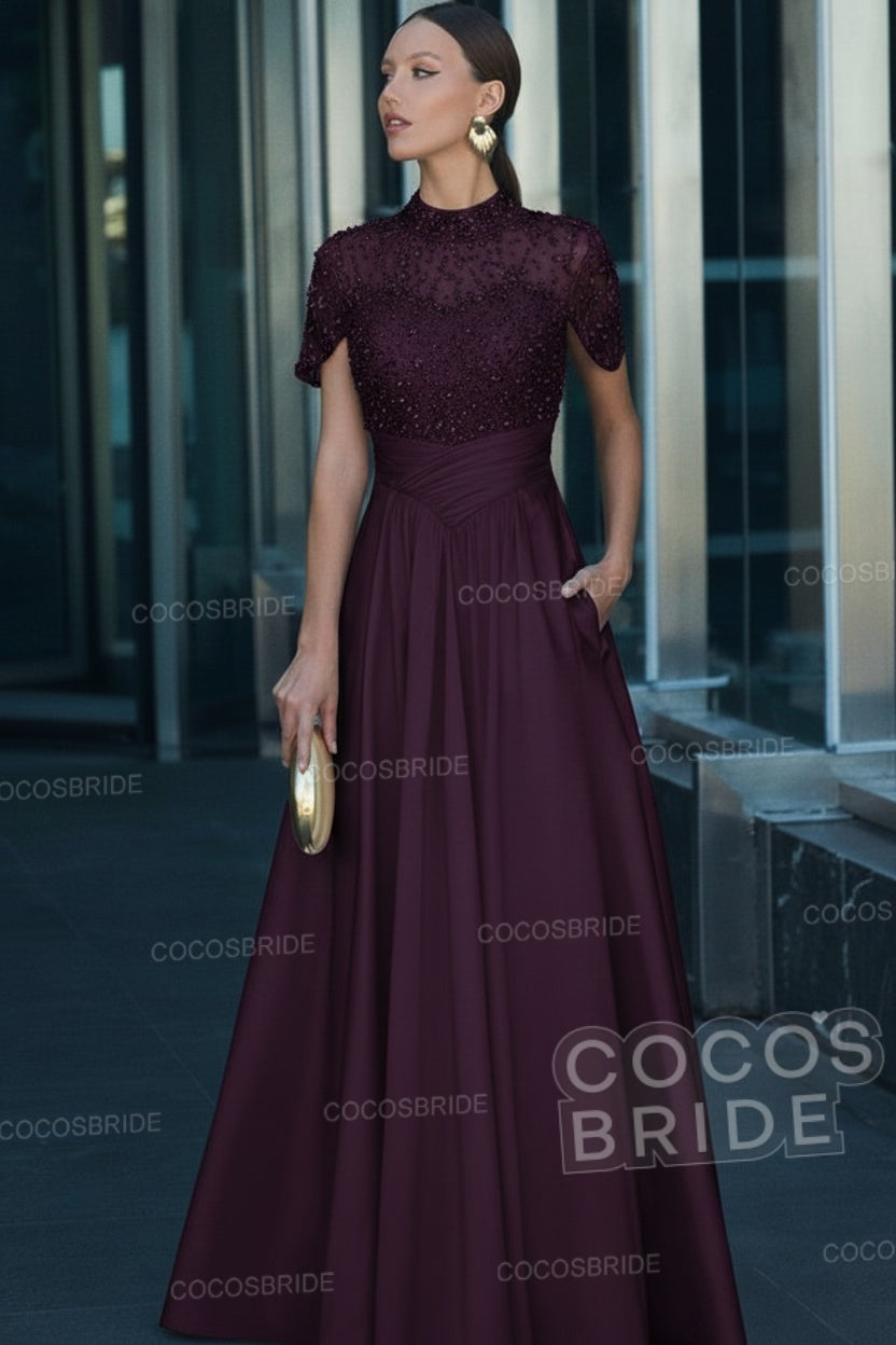 Elegant Illusion Neck Long A-line Formal Evening Dress with Pockets