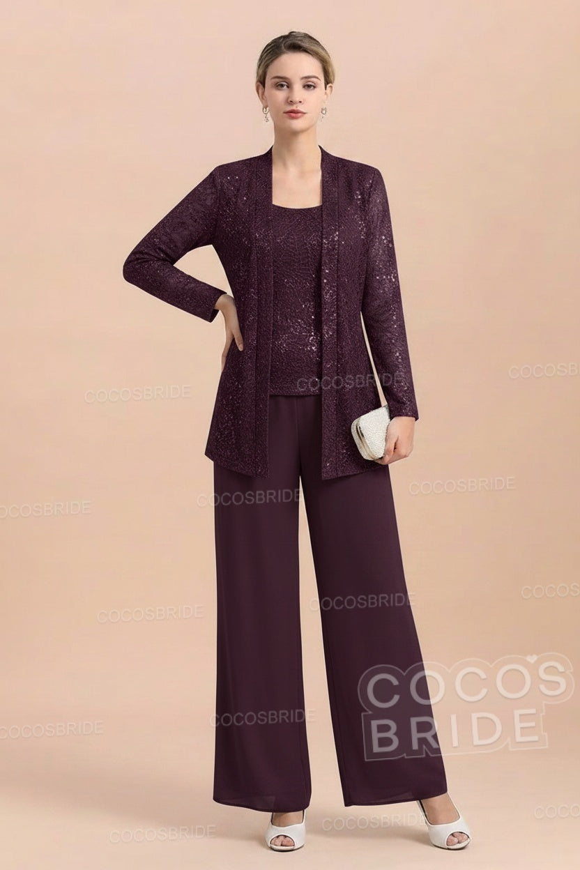 Long Sequined Chiffon Pantsuits for the Mother of the Bride with Jacket