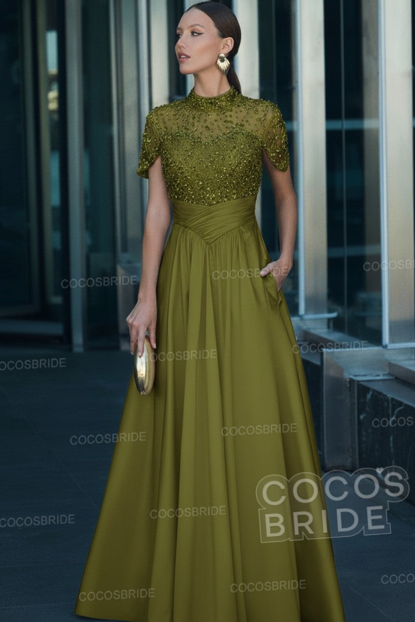 Elegant Illusion Neck Long A-line Formal Evening Dress with Pockets