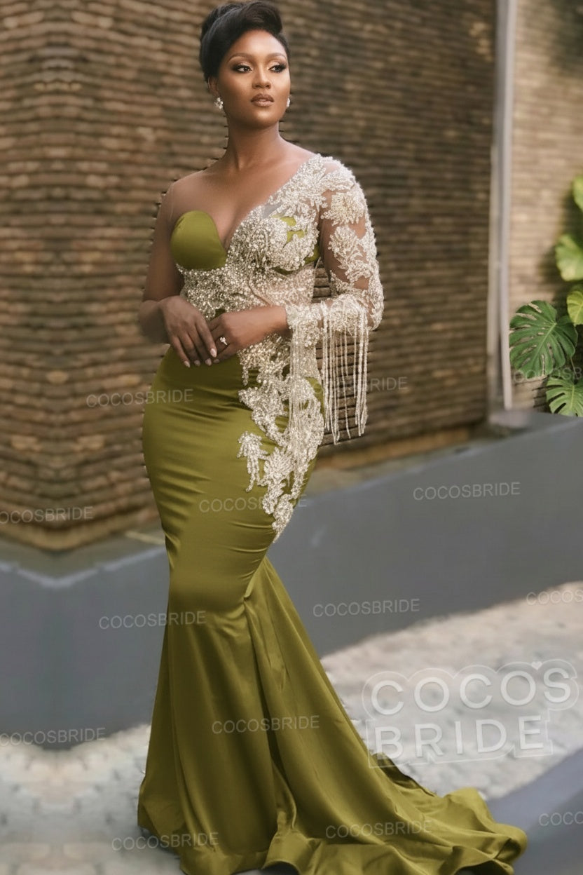 Long Mermaid Appliques One Shoulder Floor Length Formal Evening Dress