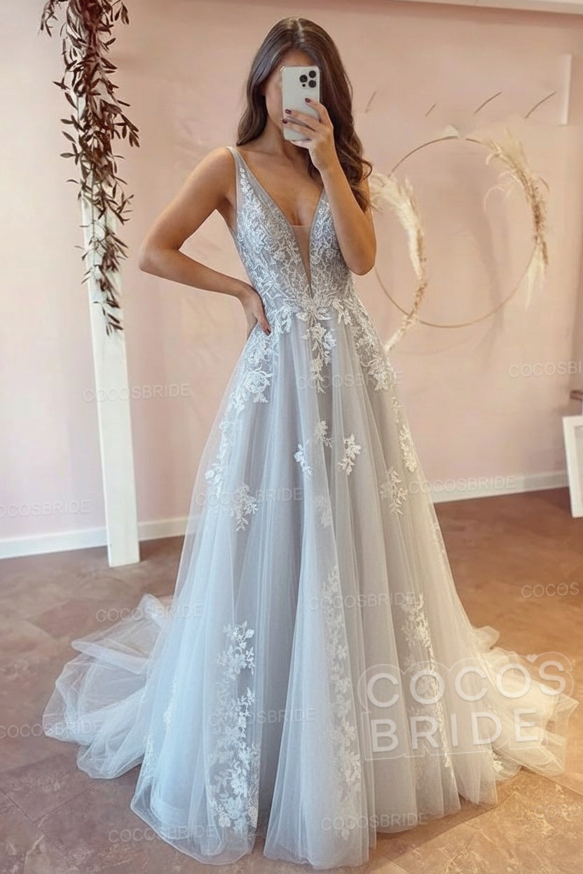 Long V-neck A-Line Floor Length Tulle Floral Lace Wedding Dress