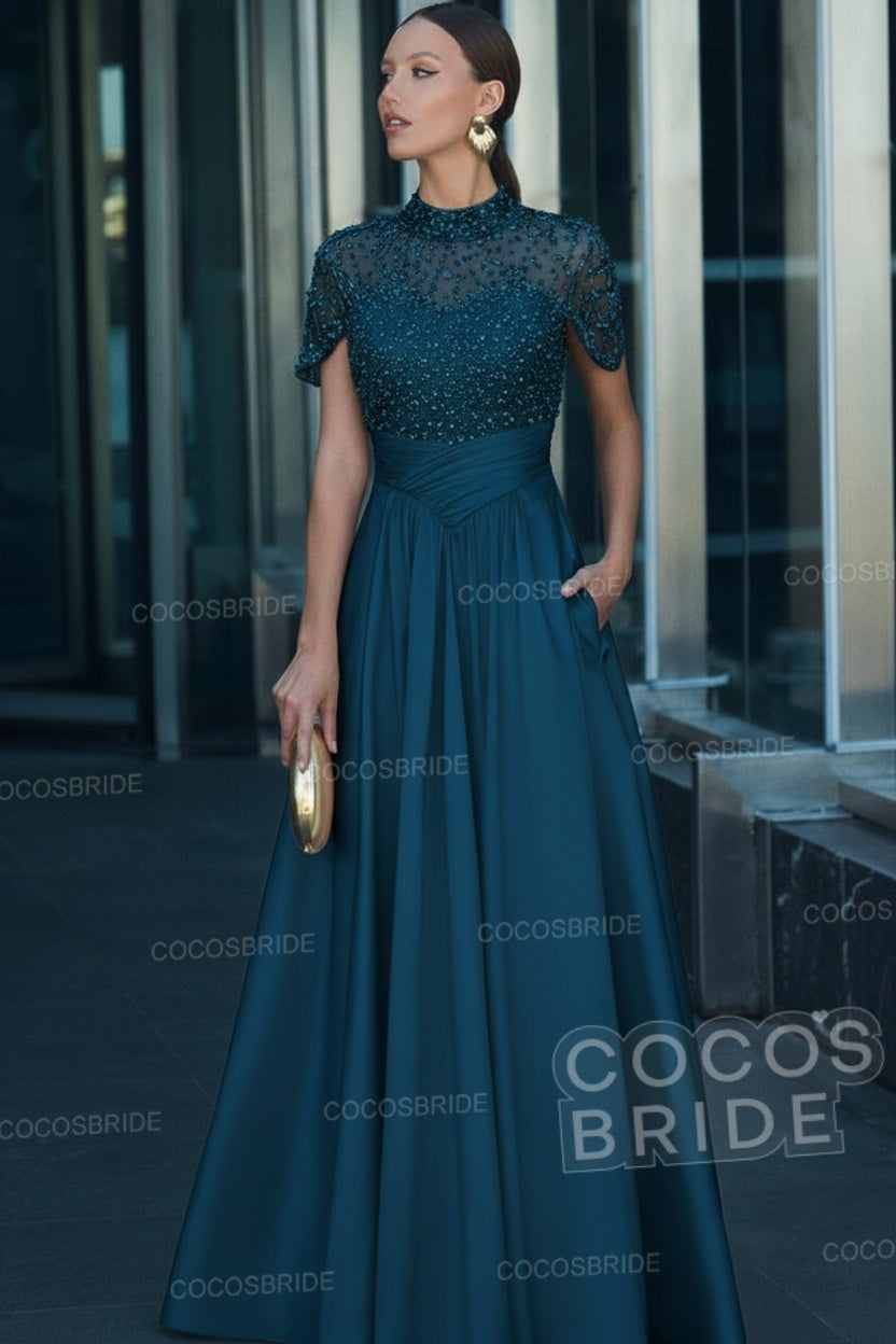 Elegant Illusion Neck Long A-line Formal Evening Dress with Pockets