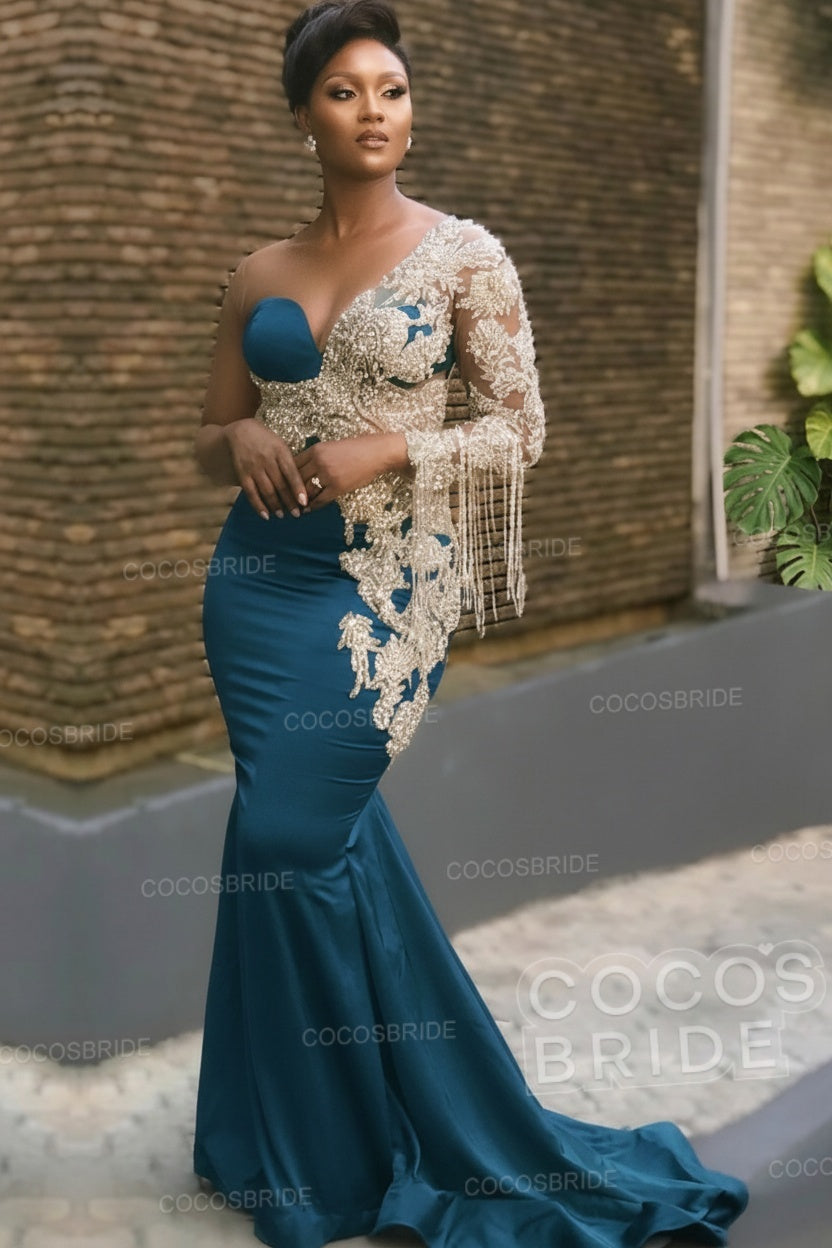 Long Mermaid Appliques One Shoulder Floor Length Formal Evening Dress