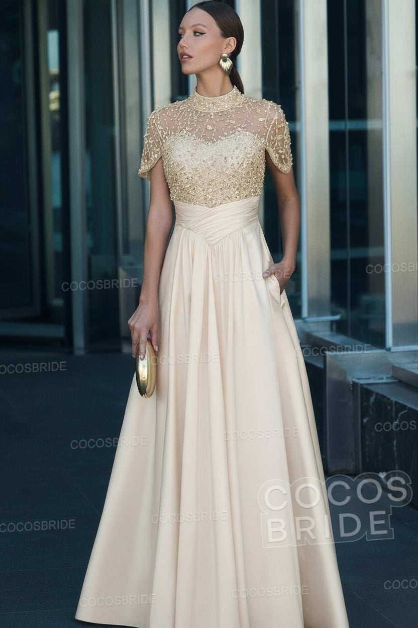 Elegant Illusion Neck Long A-line Formal Evening Dress with Pockets