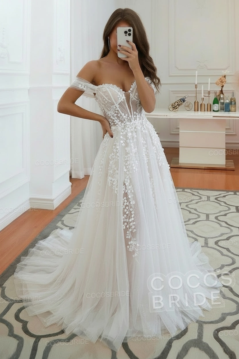 Long A-line Tulle Lace Off the Shoulder Wedding Dress