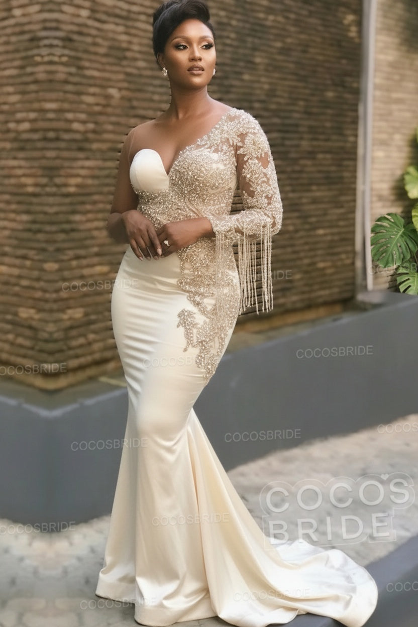 Long Mermaid Appliques One Shoulder Floor Length Formal Evening Dress