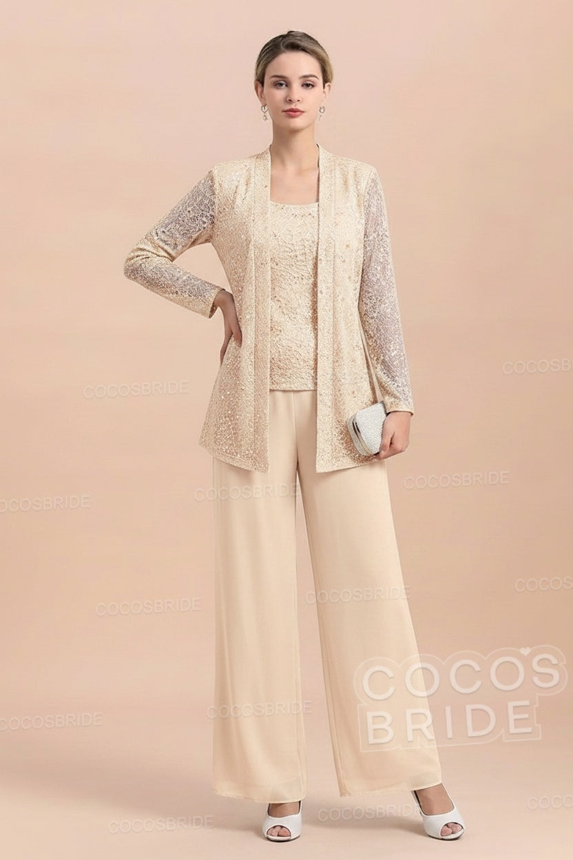 Long Sequined Chiffon Pantsuits for the Mother of the Bride with Jacket