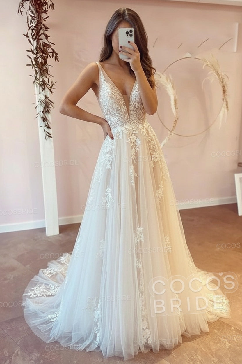 Long V-neck A-Line Floor Length Tulle Floral Lace Wedding Dress