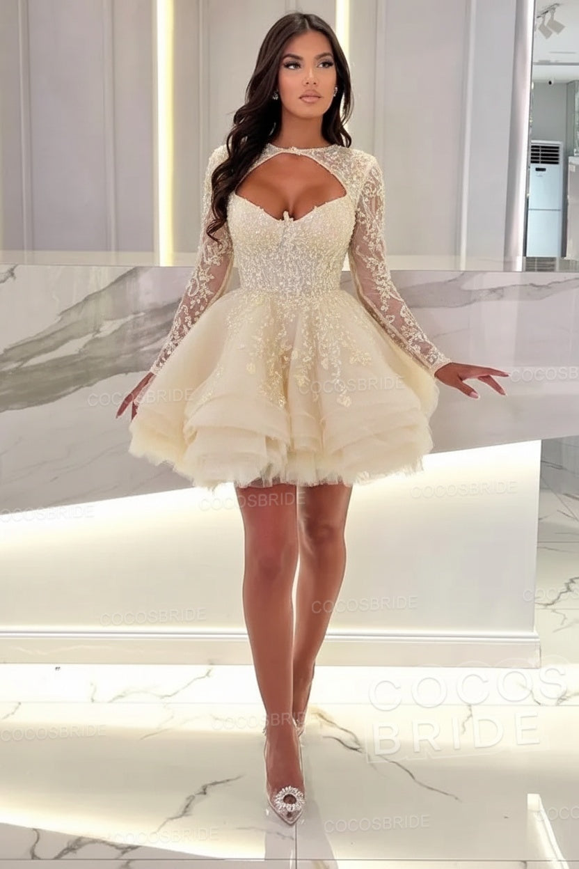 Sexy A-line Sweetheart Tulle Short Beading Party Dress with Long Sleeves