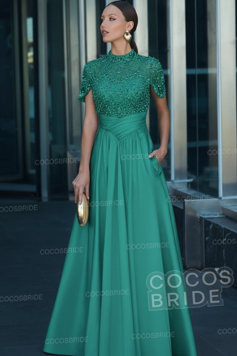 Elegant Illusion Neck Long A-line Formal Evening Dress with Pockets