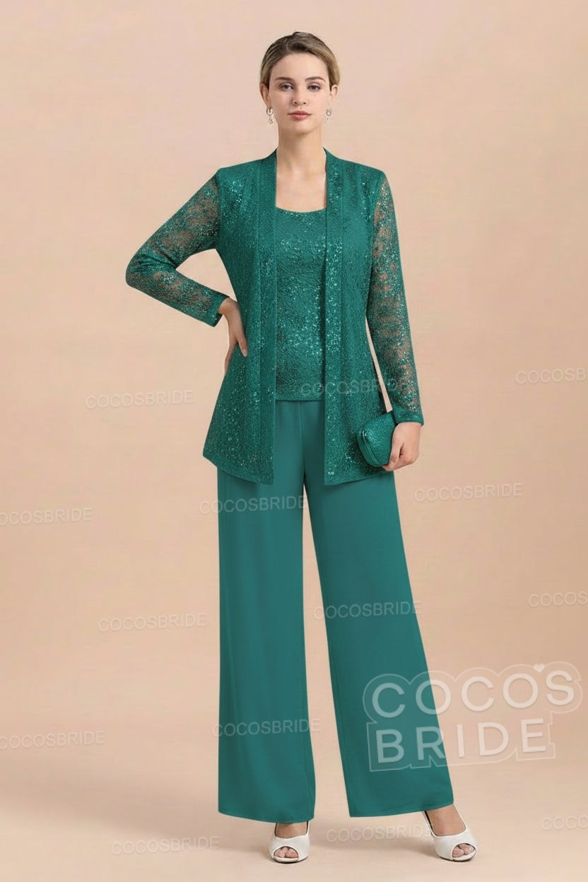 Long Sequined Chiffon Pantsuits for the Mother of the Bride with Jacket