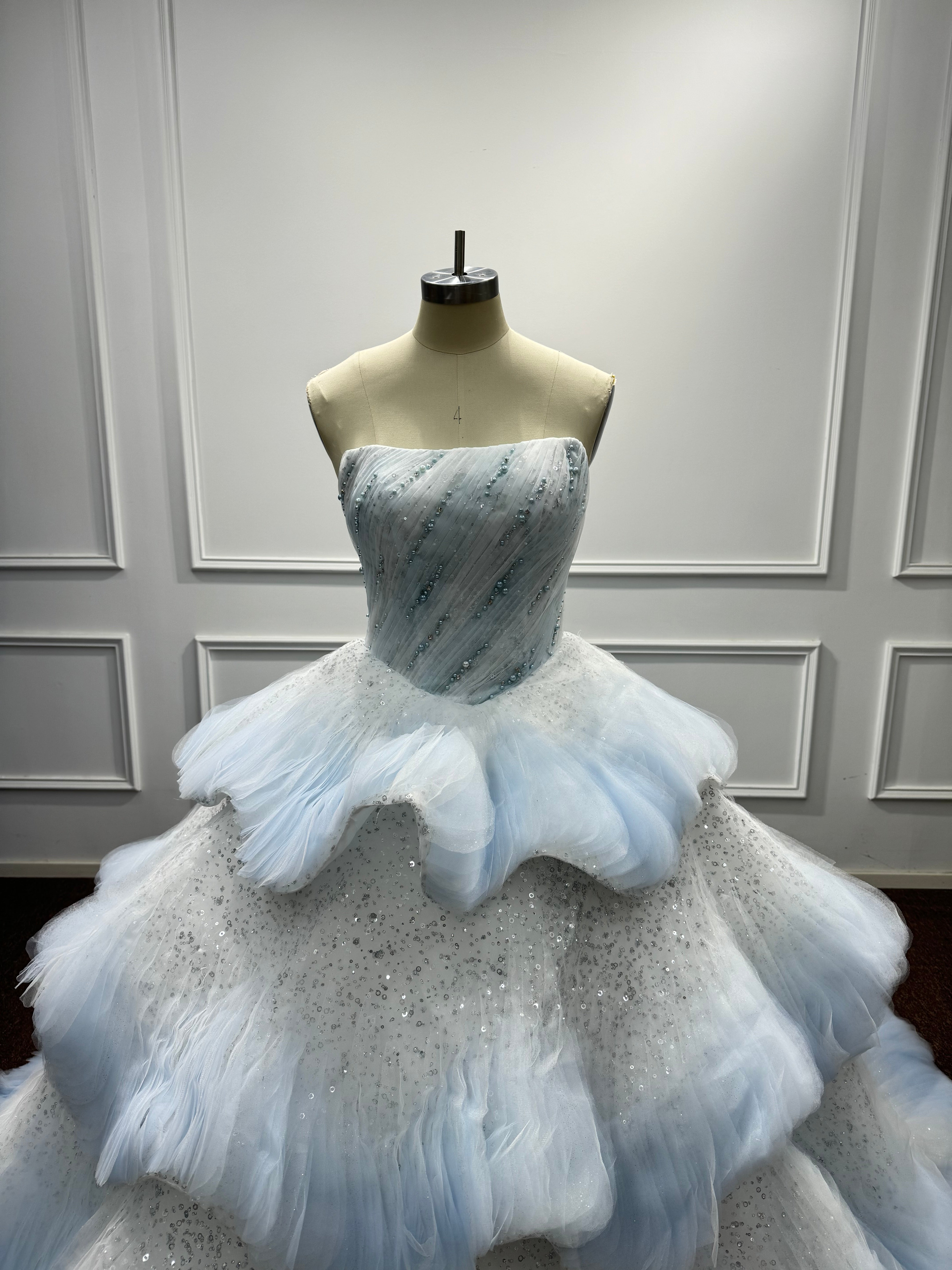 Beautiful Blue Strapless Long Sequined Ball Gown Prom Dress