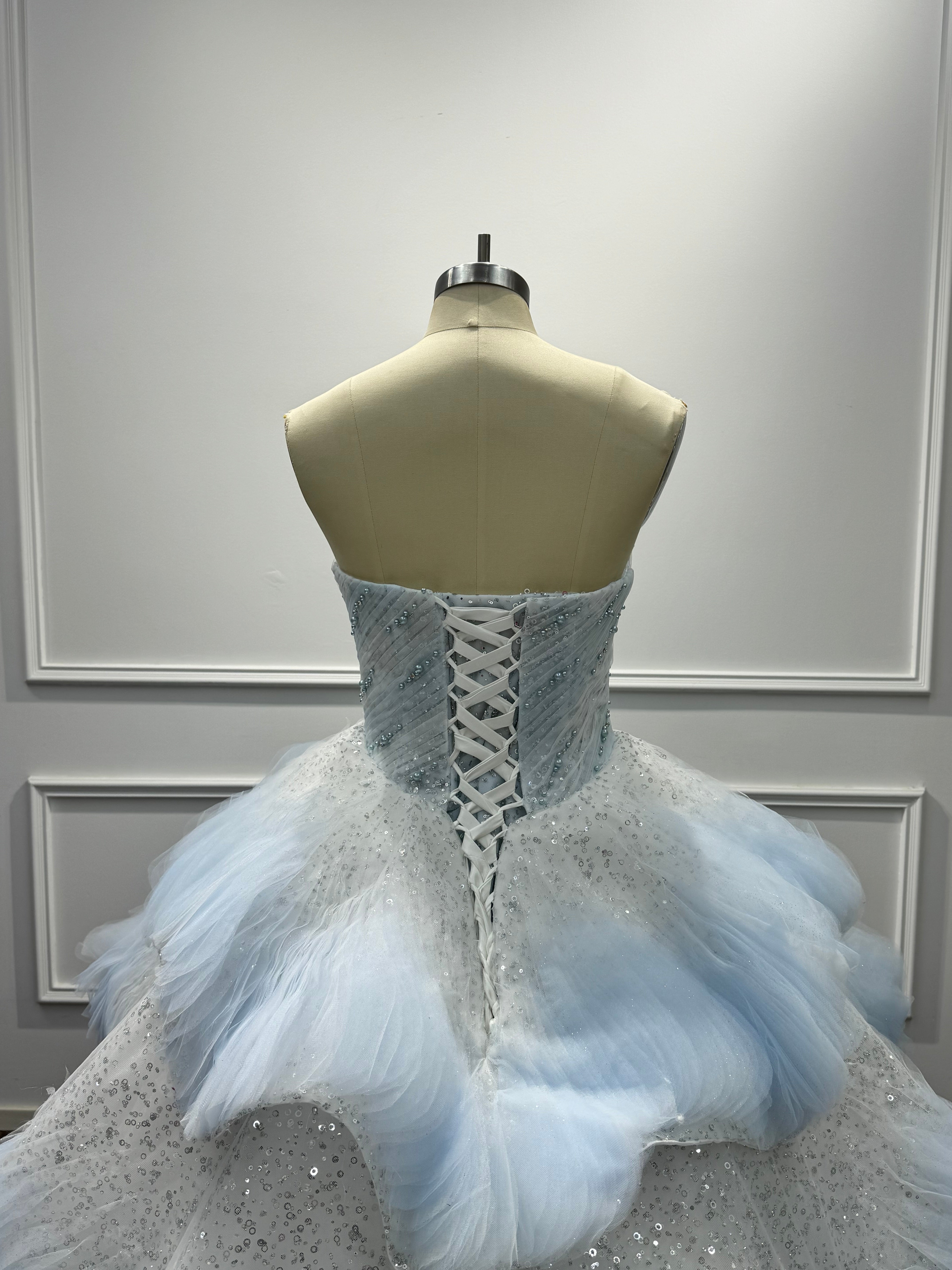 Beautiful Blue Strapless Long Sequined Ball Gown Prom Dress
