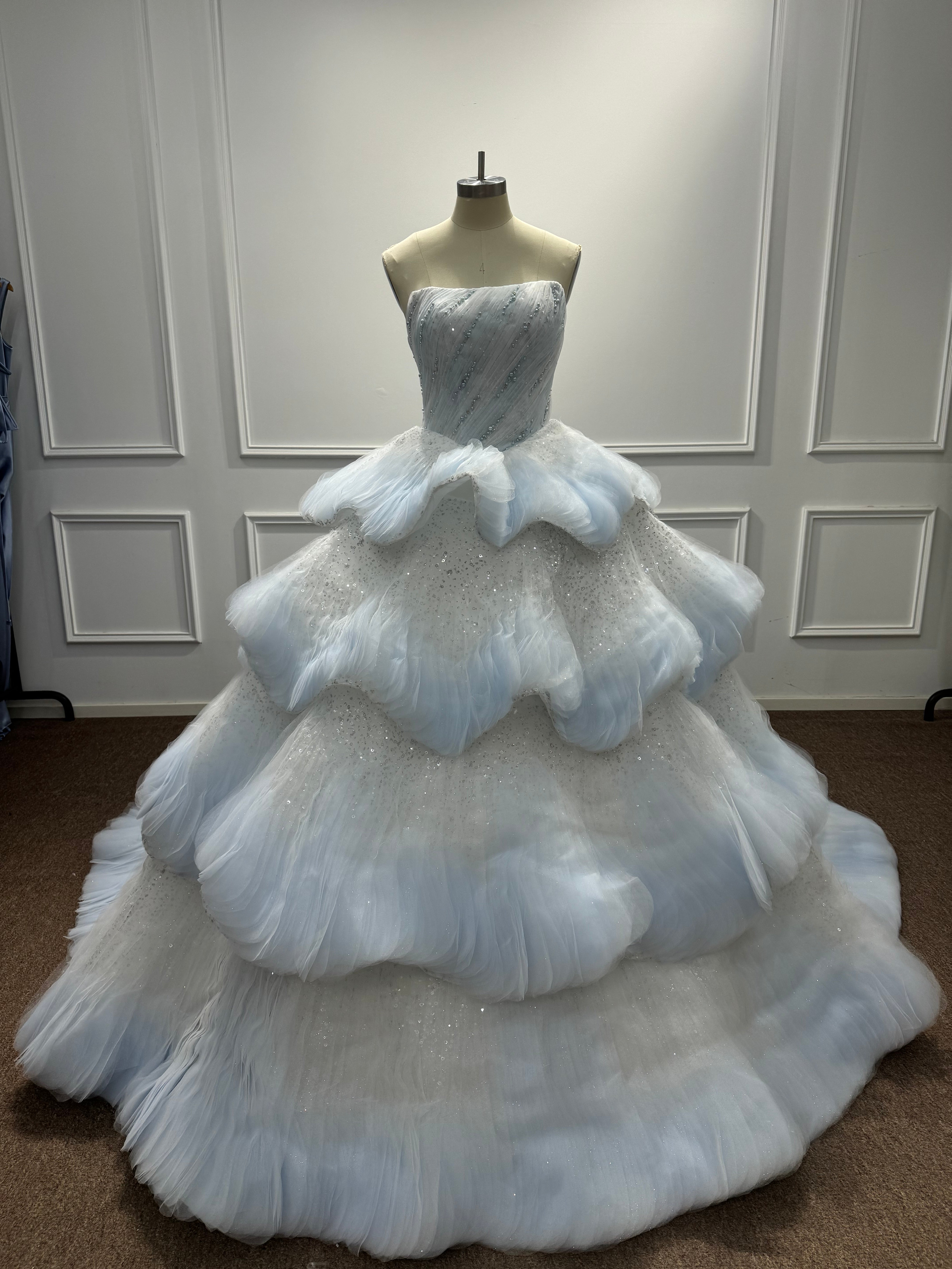 Beautiful Blue Strapless Long Sequined Ball Gown Prom Dress