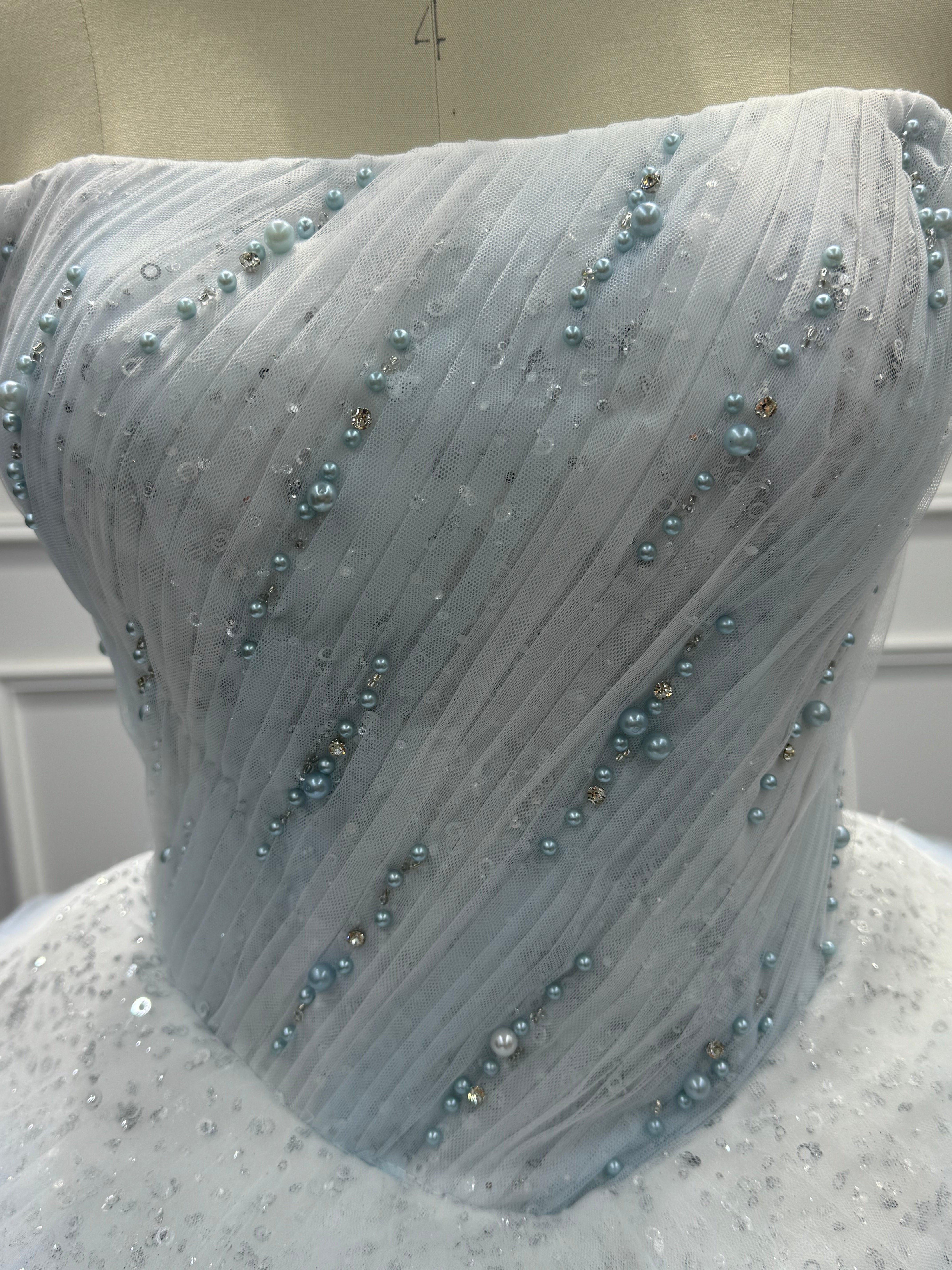 Beautiful Blue Strapless Long Sequined Ball Gown Prom Dress