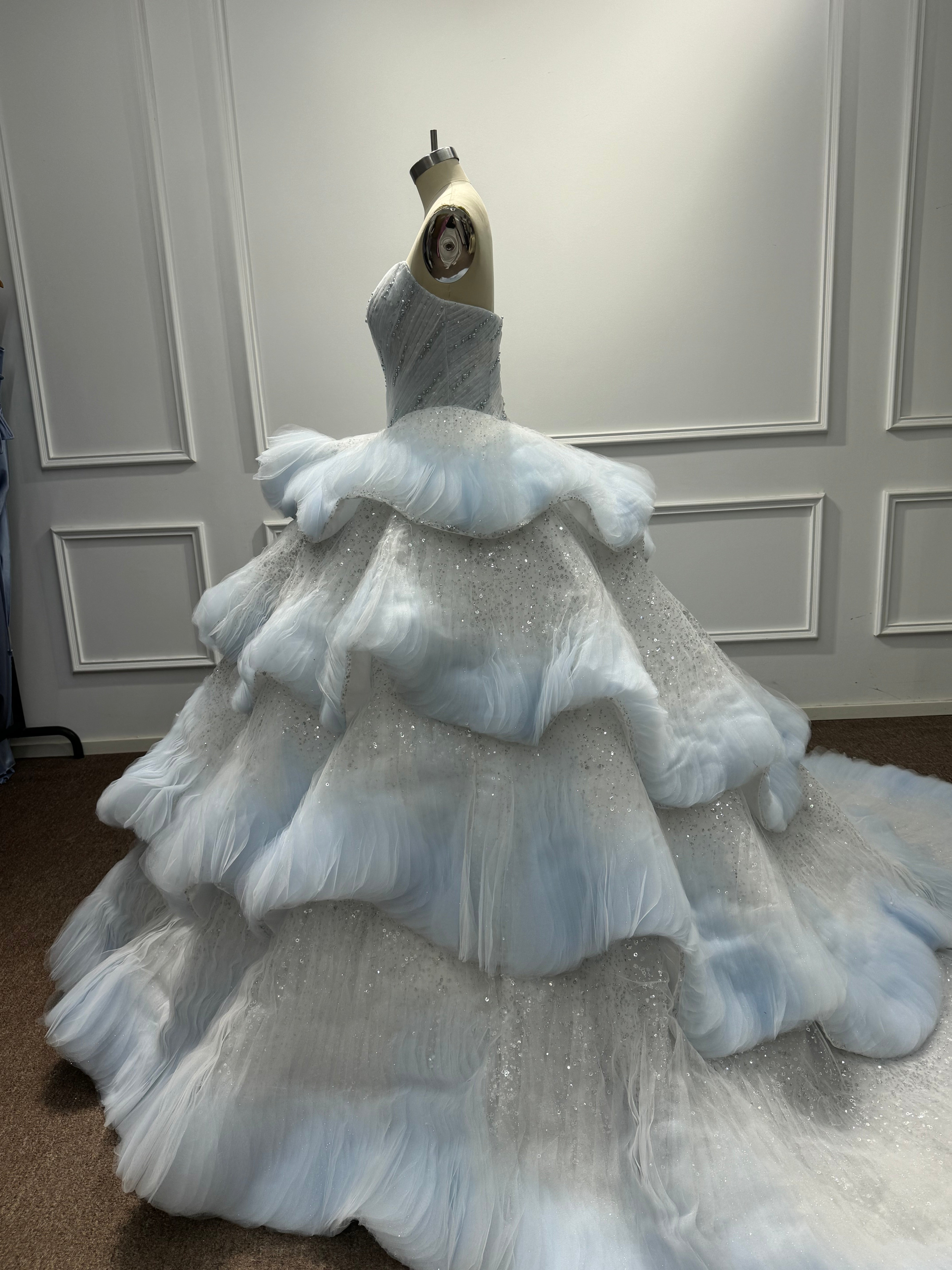 Beautiful Blue Strapless Long Sequined Ball Gown Prom Dress