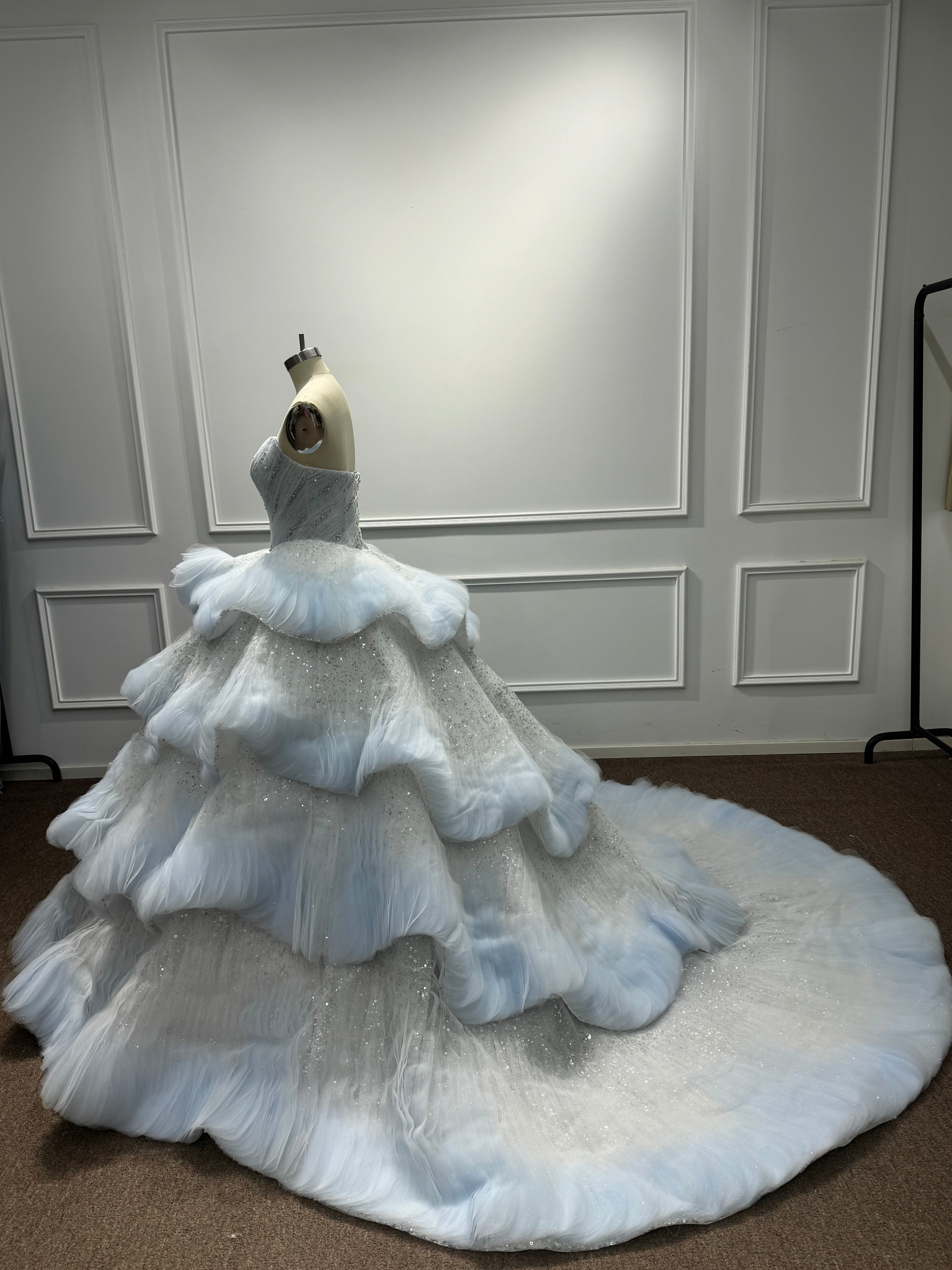 Beautiful Blue Strapless Long Sequined Ball Gown Prom Dress