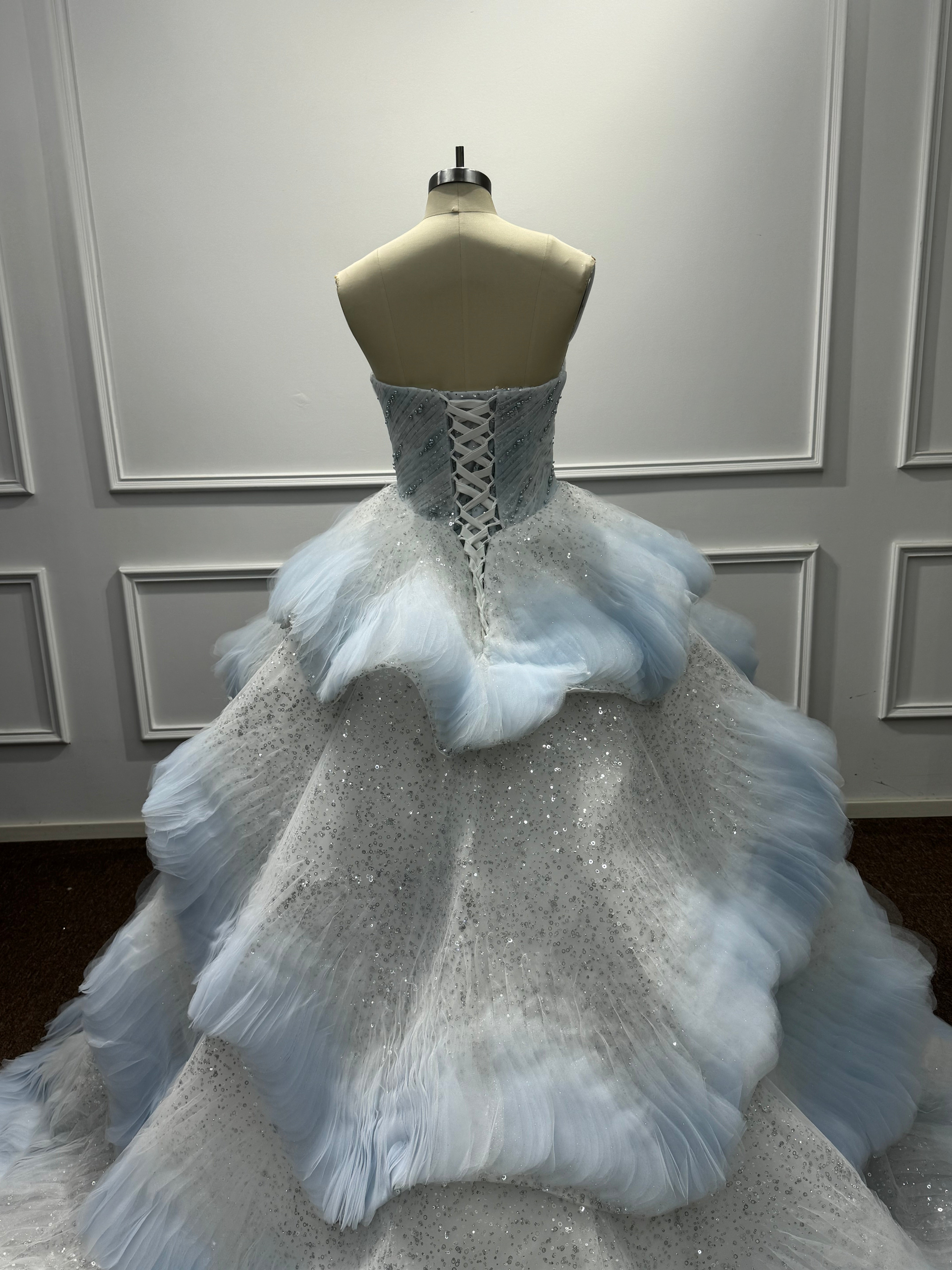 Beautiful Blue Strapless Long Sequined Ball Gown Prom Dress