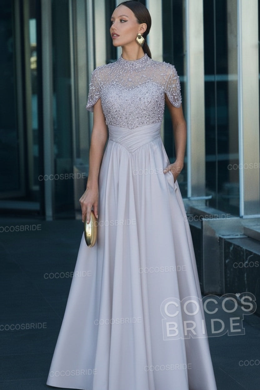 Elegant Illusion Neck Long A-line Formal Evening Dress with Pockets