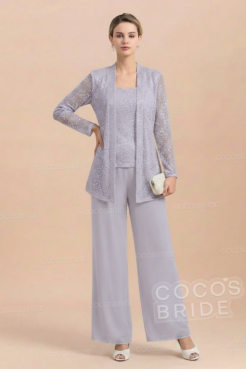 Long Sequined Chiffon Pantsuits for the Mother of the Bride with Jacket