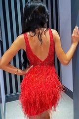 Red Beaded Sequins Mermaid Homecoming Dress with Feathers