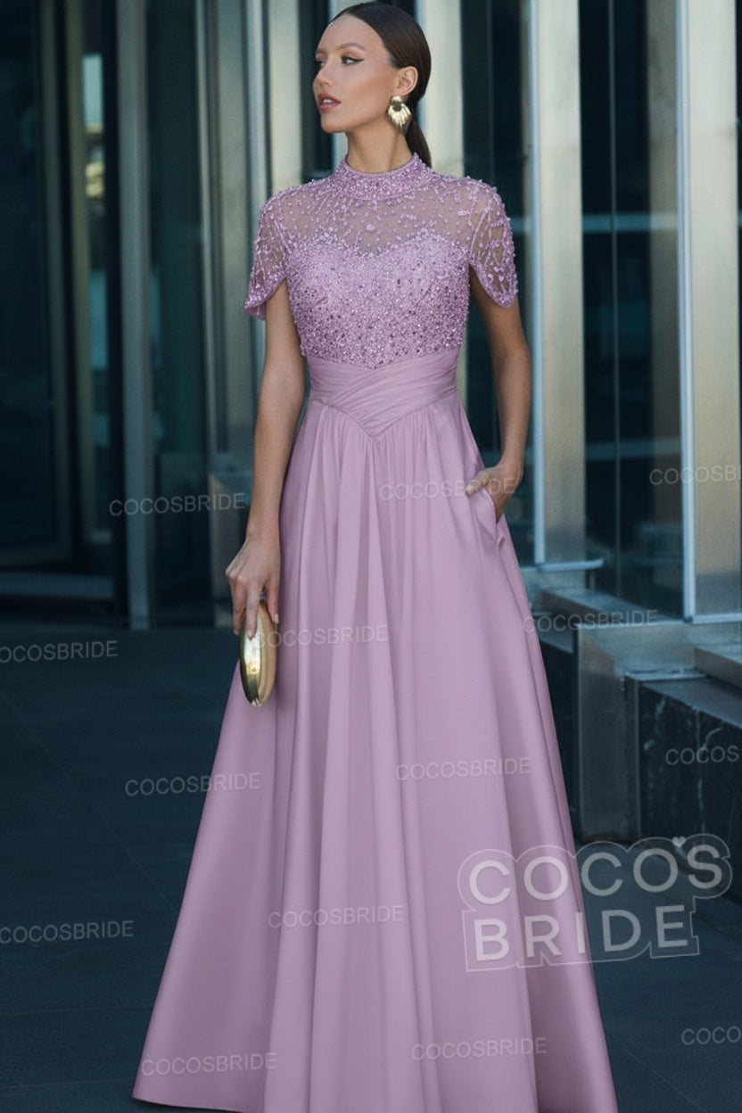 Elegant Illusion Neck Long A-line Formal Evening Dress with Pockets