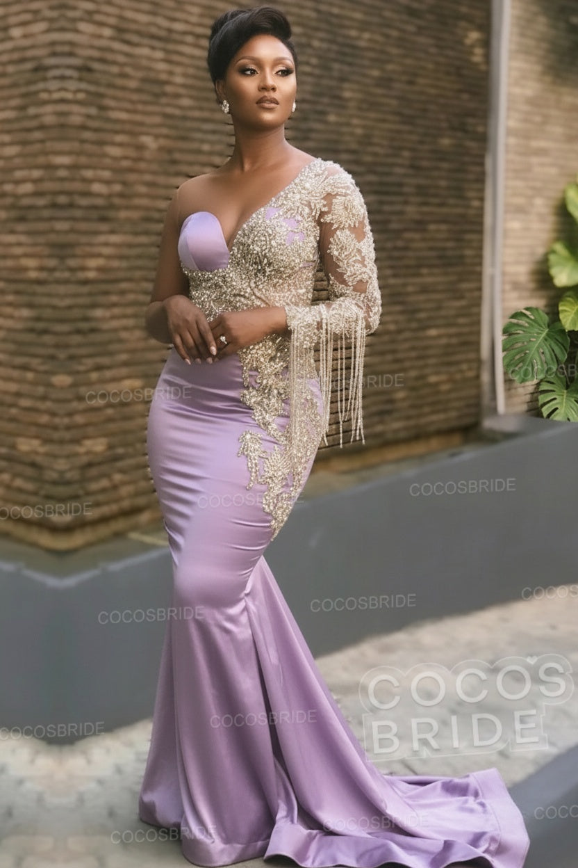 Long Mermaid Appliques One Shoulder Floor Length Formal Evening Dress