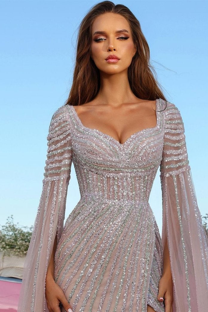 Glitter Long Sleeves Sweetheart Sequined Formal Evening Dresses