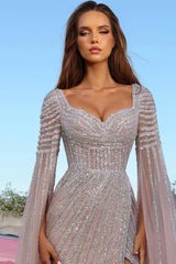 Glitter Long Sleeves Sweetheart Sequined Formal Evening Dresses