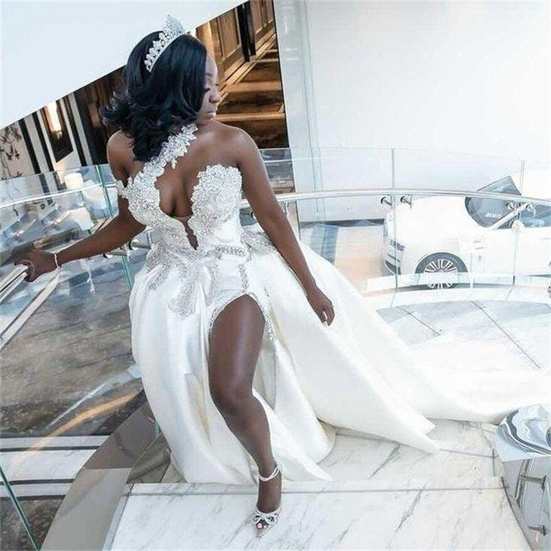 Luxurious Long Mermaid One Shoulder Satin Beading Wedding Dress With Detachable Train